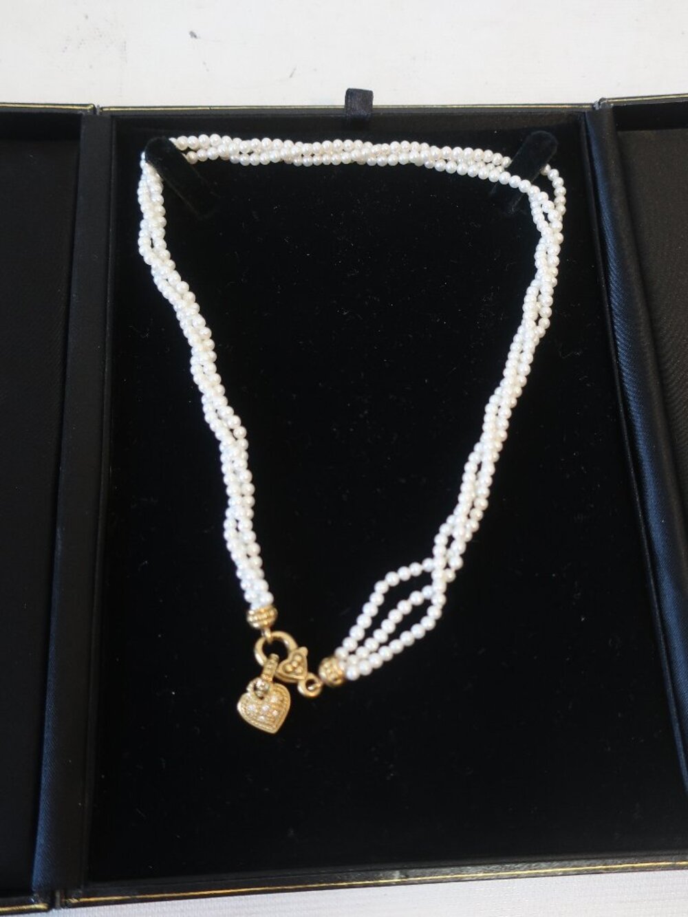 Women Judith Ripka 18k Pave Heart Pendant Cultured Pearl Triple Strand Necklace